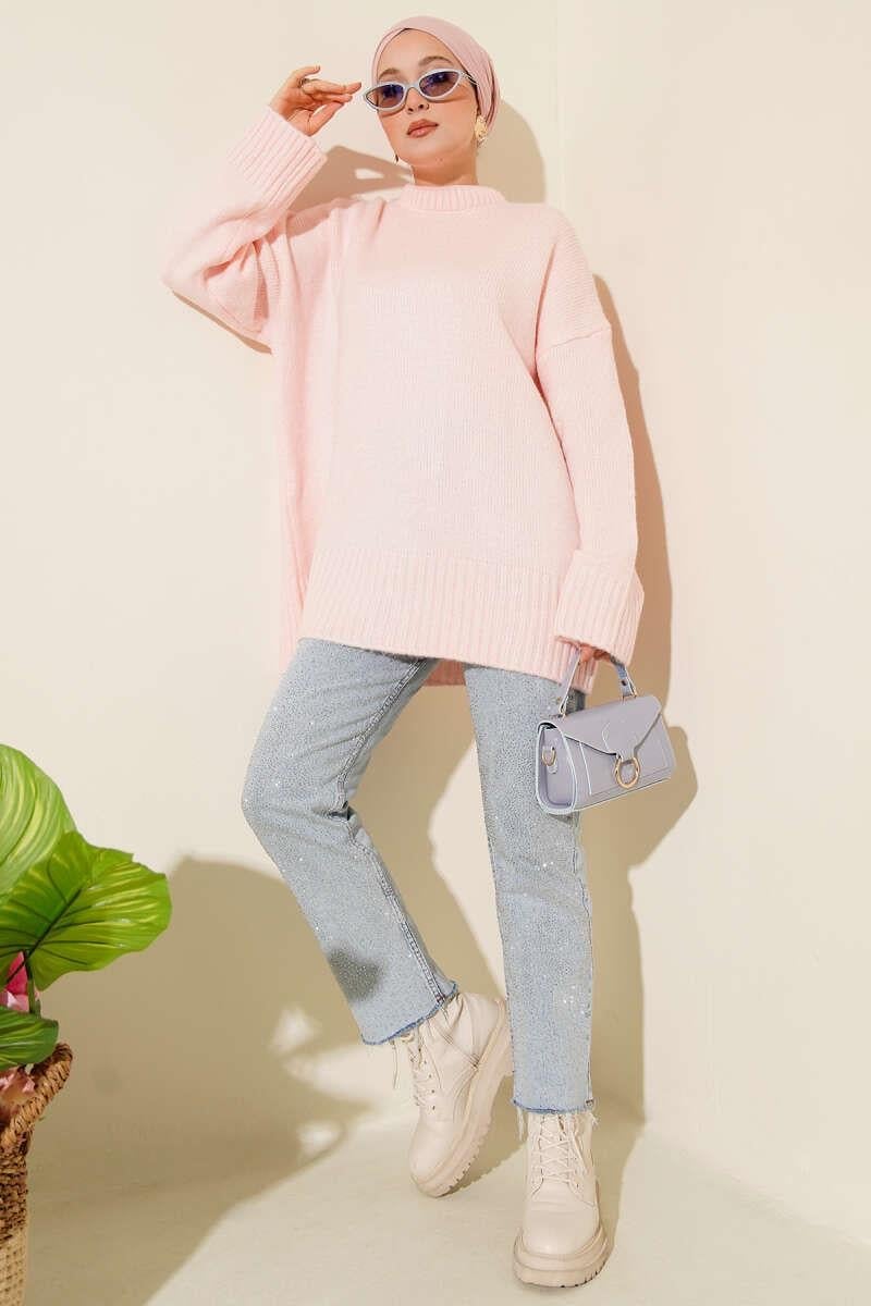 Basic Oversize Triko Tunik Pudra