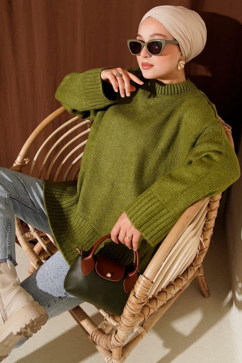Basic Oversize Triko Tunik Yağ Yeşili