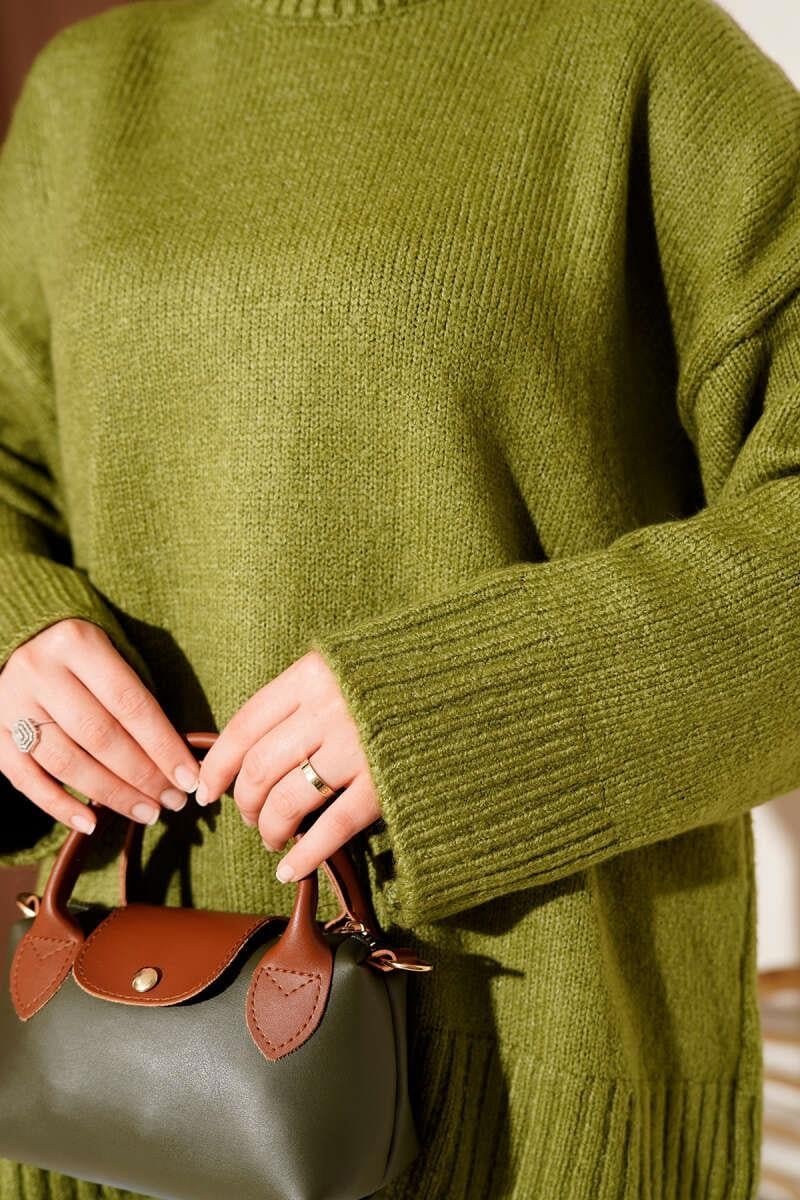 Basic Oversize Triko Tunik Yağ Yeşili