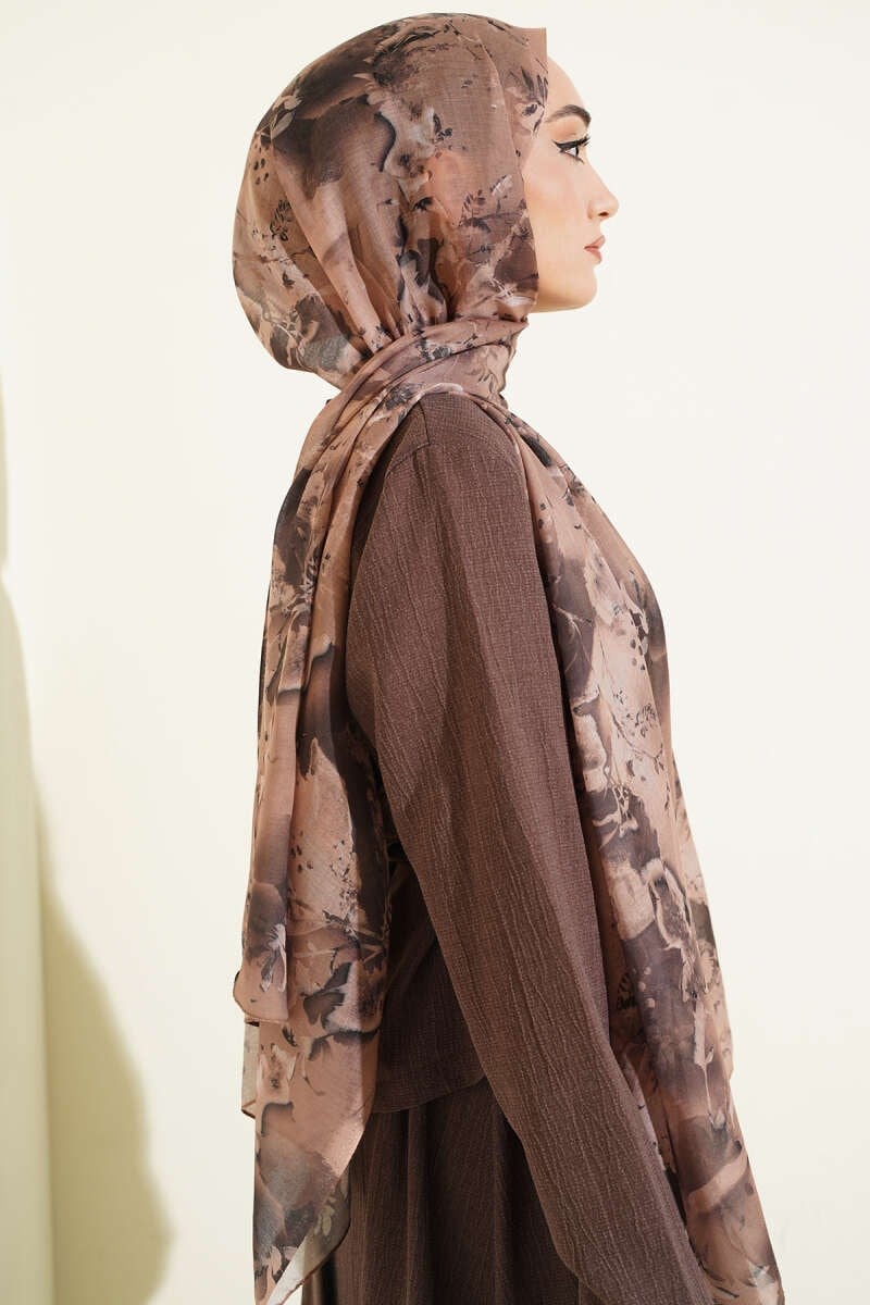 Baskılı Çiçek Desenli Şal Camel