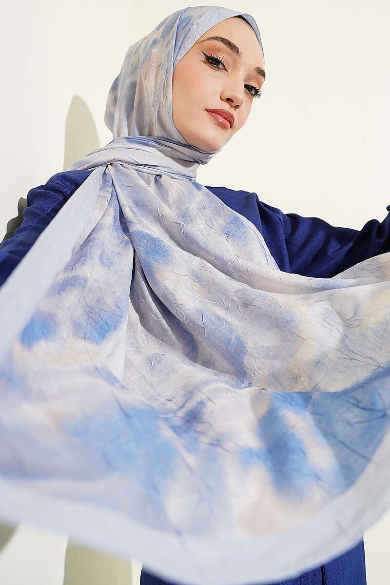 Batik Ebruli Bambu Kraş Şal Buz Mavisi