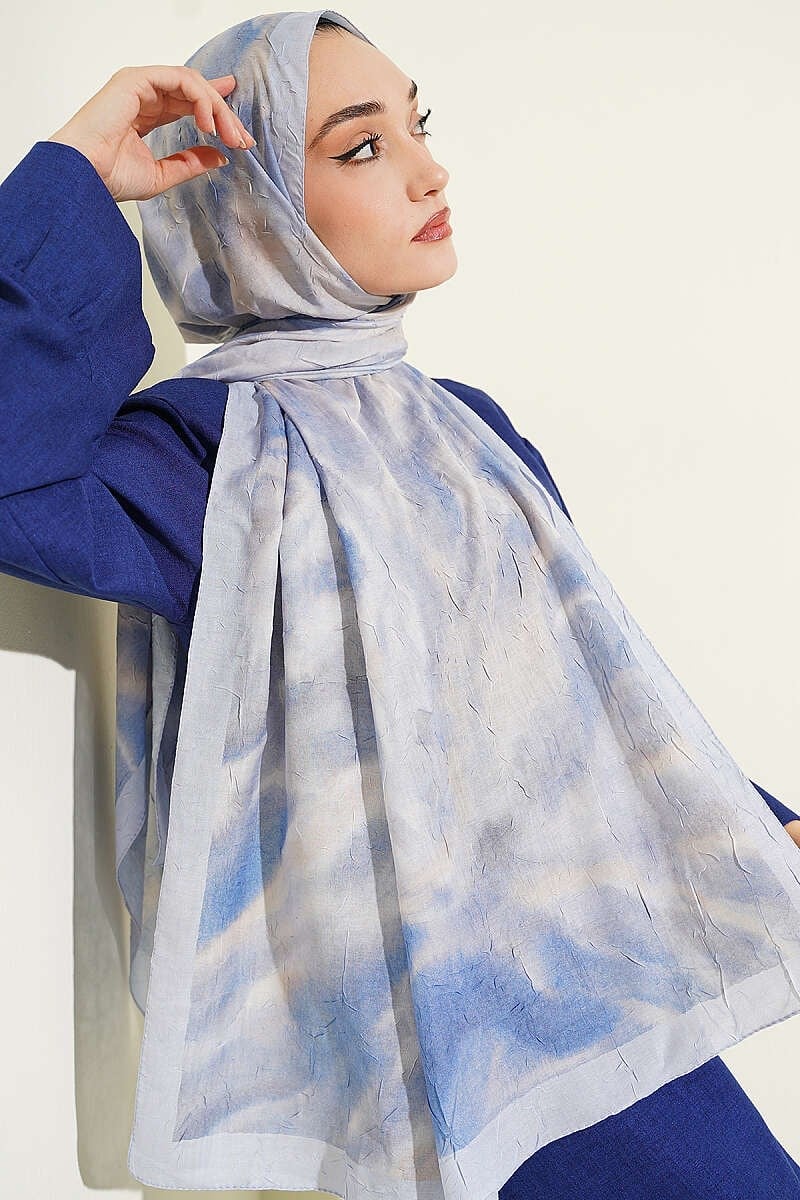 Batik Ebruli Bambu Kraş Şal Buz Mavisi
