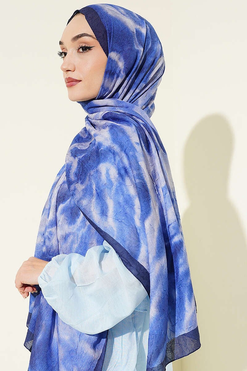 Batik Ebruli Bambu Kraş Şal Lacivert