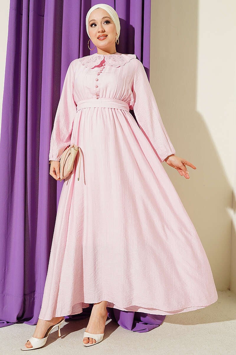 Bebe Yaka Bilek Lastikli Elbise Pembe