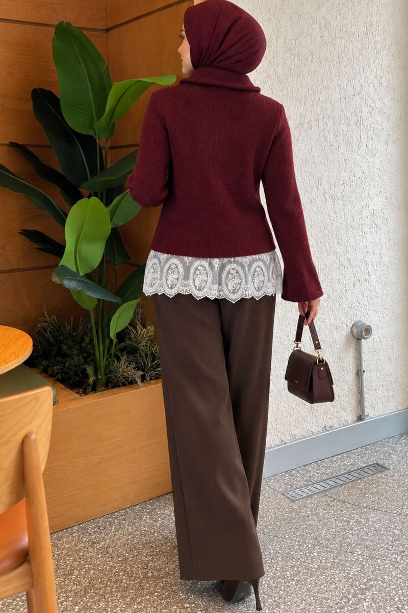 Bebe Yaka Dantel Detaylı Triko Hırka Bordo