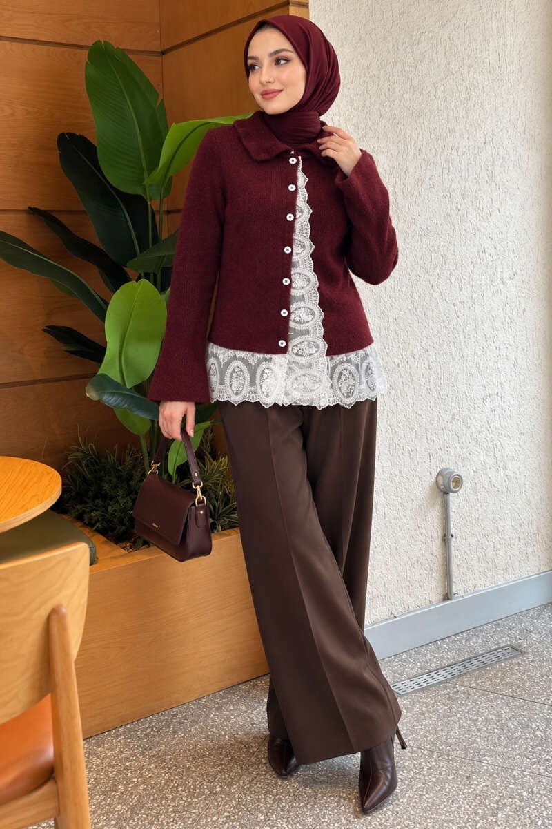 Bebe Yaka Dantel Detaylı Triko Hırka Bordo