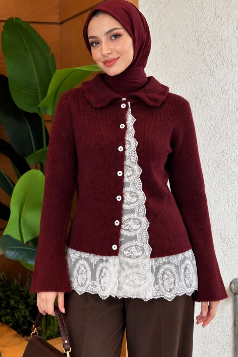 Bebe Yaka Dantel Detaylı Triko Hırka Bordo