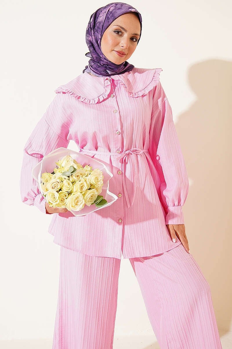 Bebe Yaka İp Bağcıklı İkili Takım Pembe