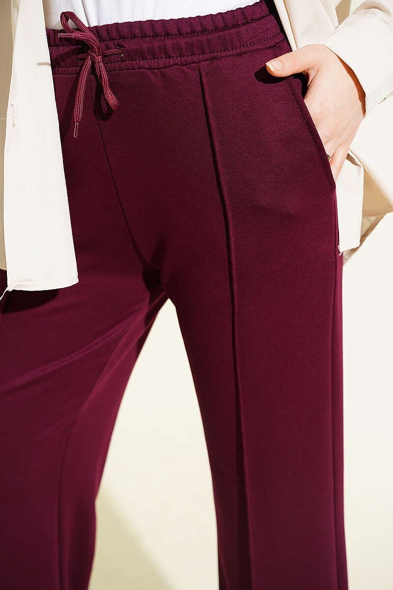 Bel Bağcıklı Çımalı Pantolon Mürdüm