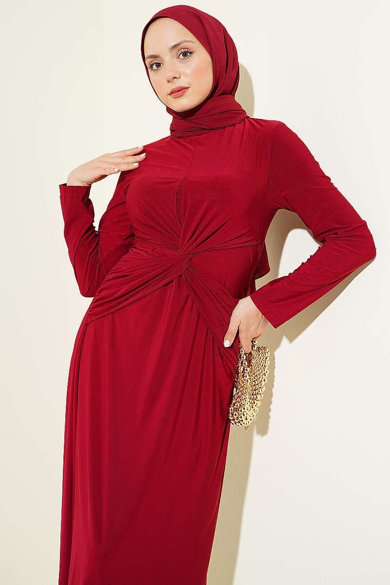 Bel Büzgülü Düğümlü Sandy Elbise Bordo