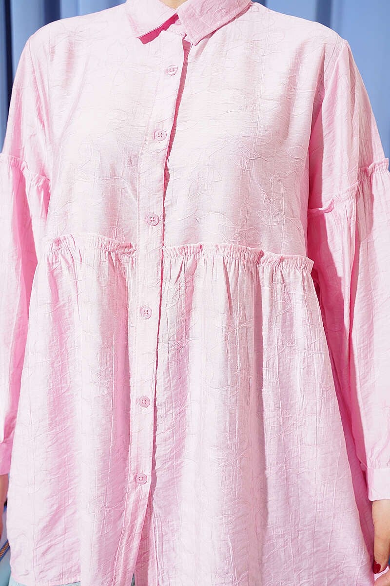 Bel Büzgülü Kendinden Desenli Gömlek Pembe