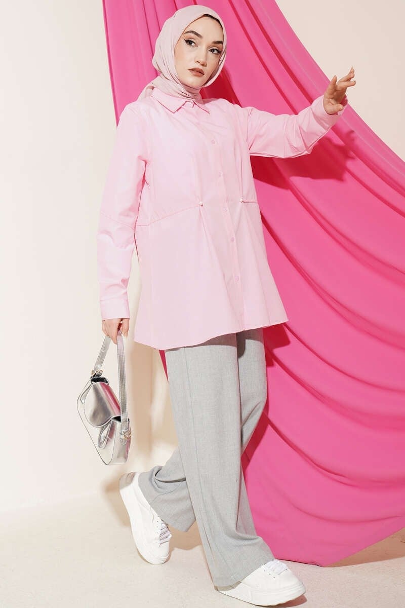Bel Düğmeli Basic Gömlek Pembe