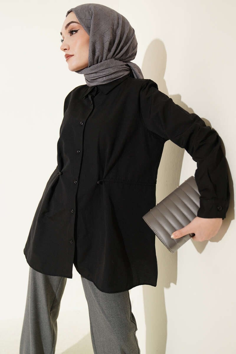 Bel Düğmeli Basic Gömlek Siyah