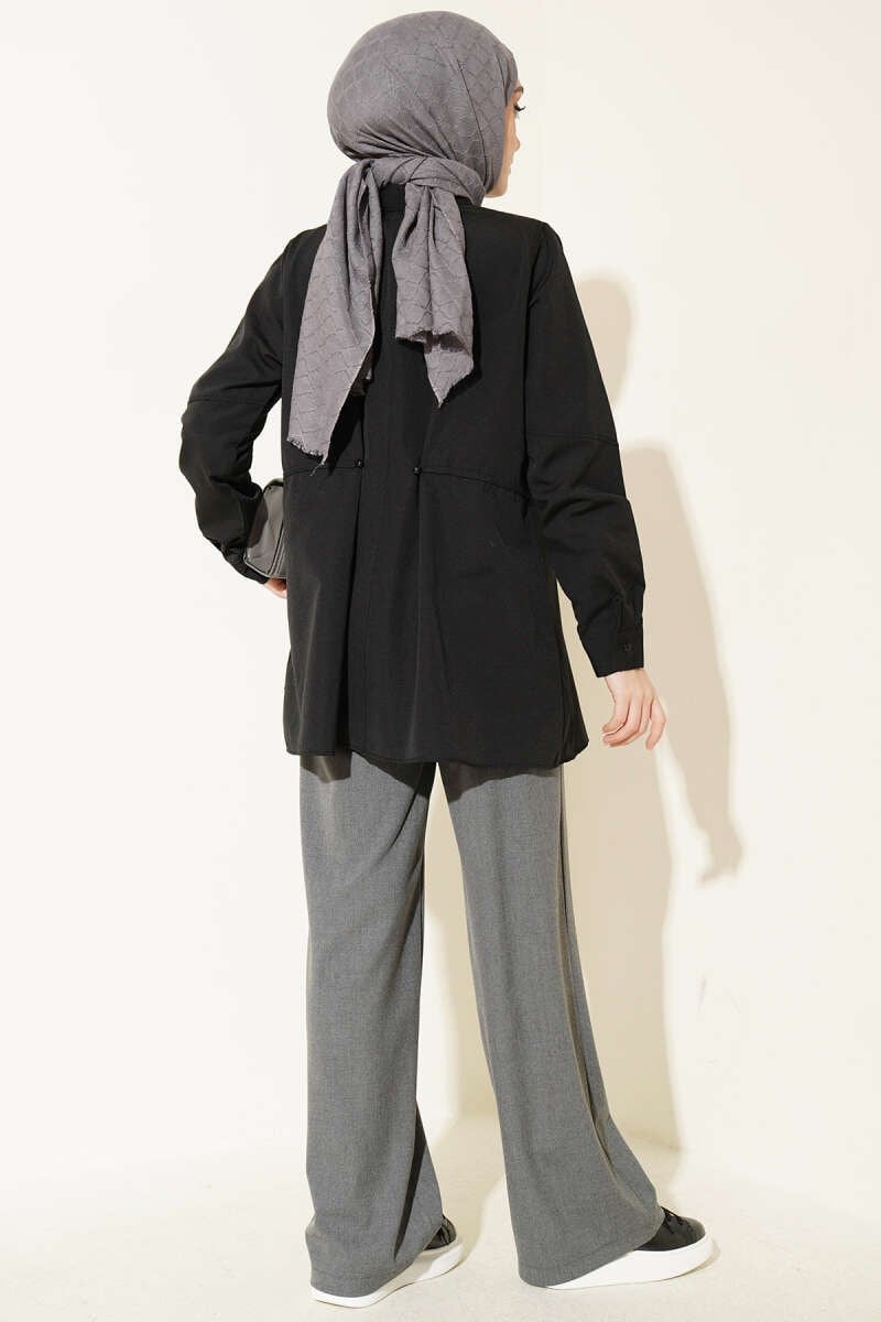 Bel Düğmeli Basic Gömlek Siyah