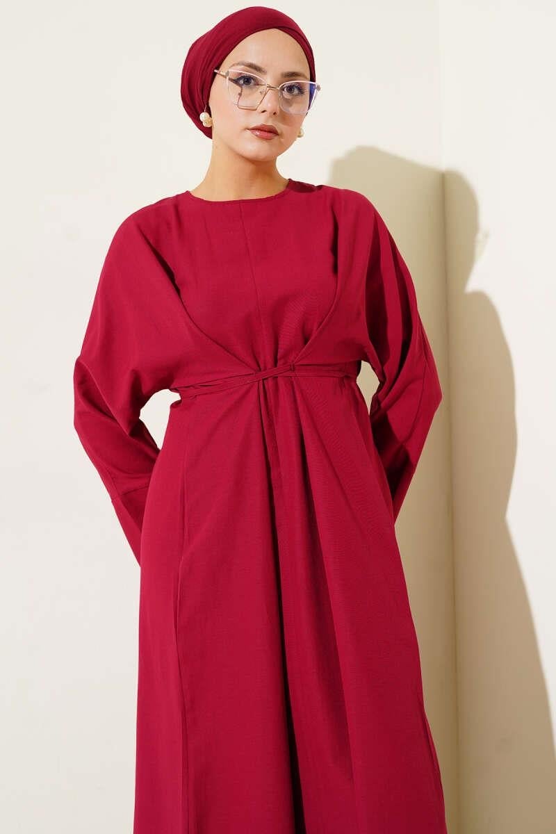 Bel İpli Oversize Basic Elbise Bordo