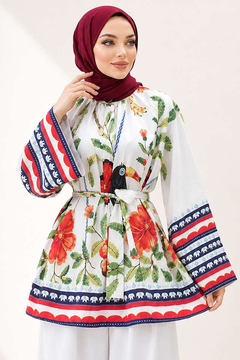 Bel Kuşaklı Çiçek Desenli Tunik Ekru