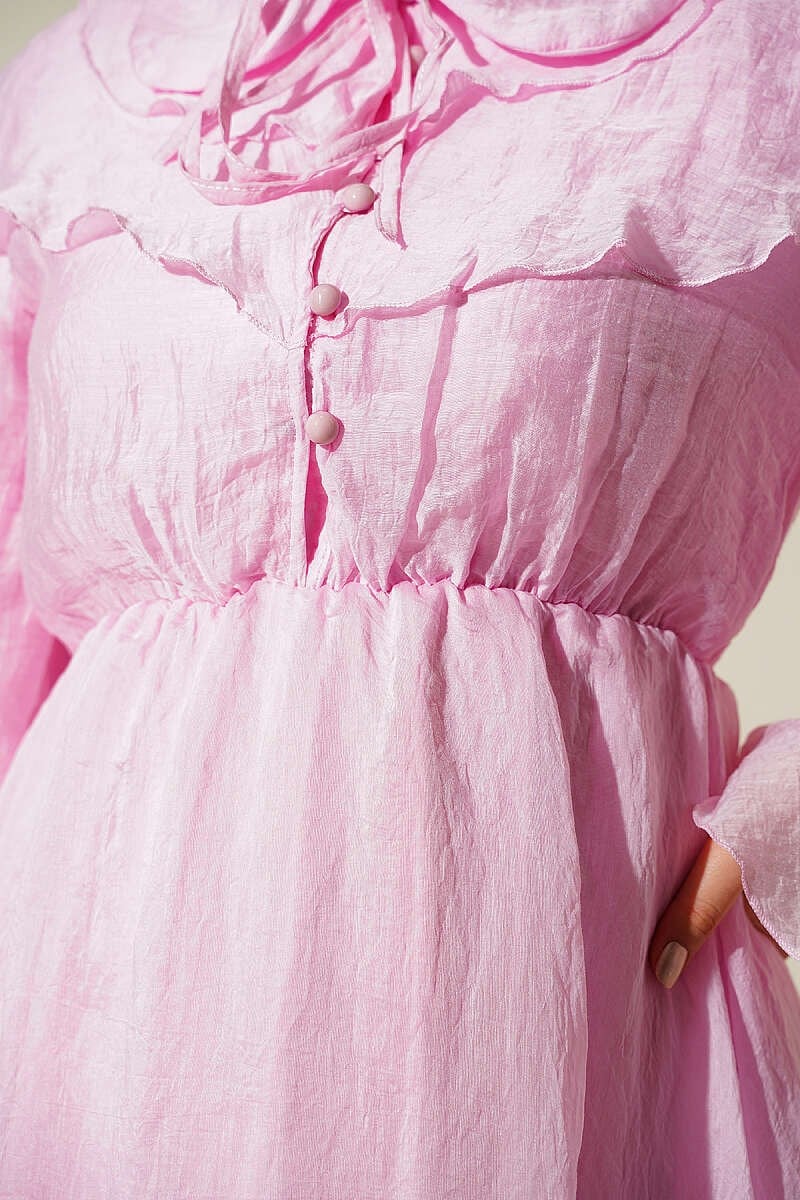 Bel Lastik Detaylı Pelerinli Elbise Pembe