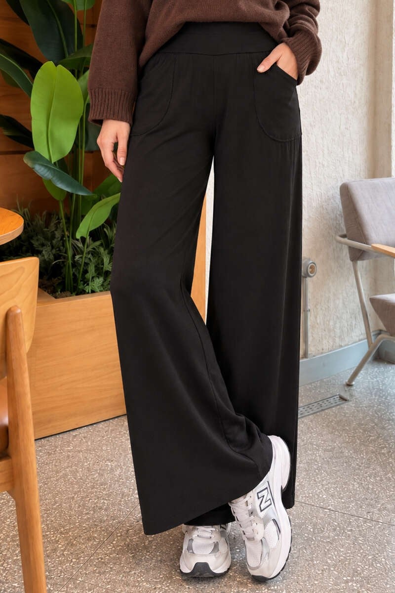 Bel Lastik Detaylı Salaş Pantolon Siyah