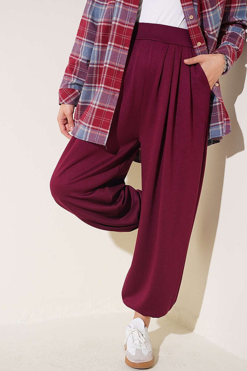 Bel Lastik Detaylı Şalvar Pantolon Mürdüm