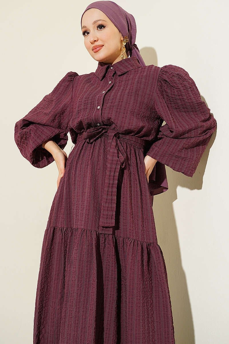 Bel Lastikli Balon Kol Gofre Elbise Mürdüm