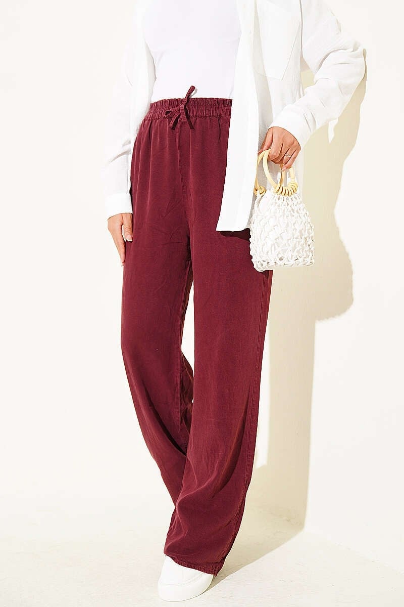 Bel Lastikli Cepli Tensel Pantolon Bordo