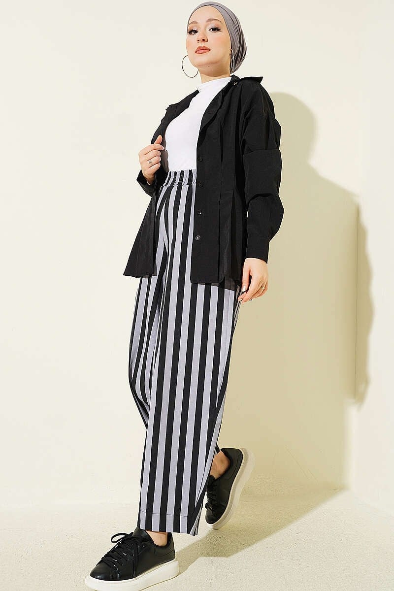 Bel Lastikli Çizgili Poplin Pantolon Gri