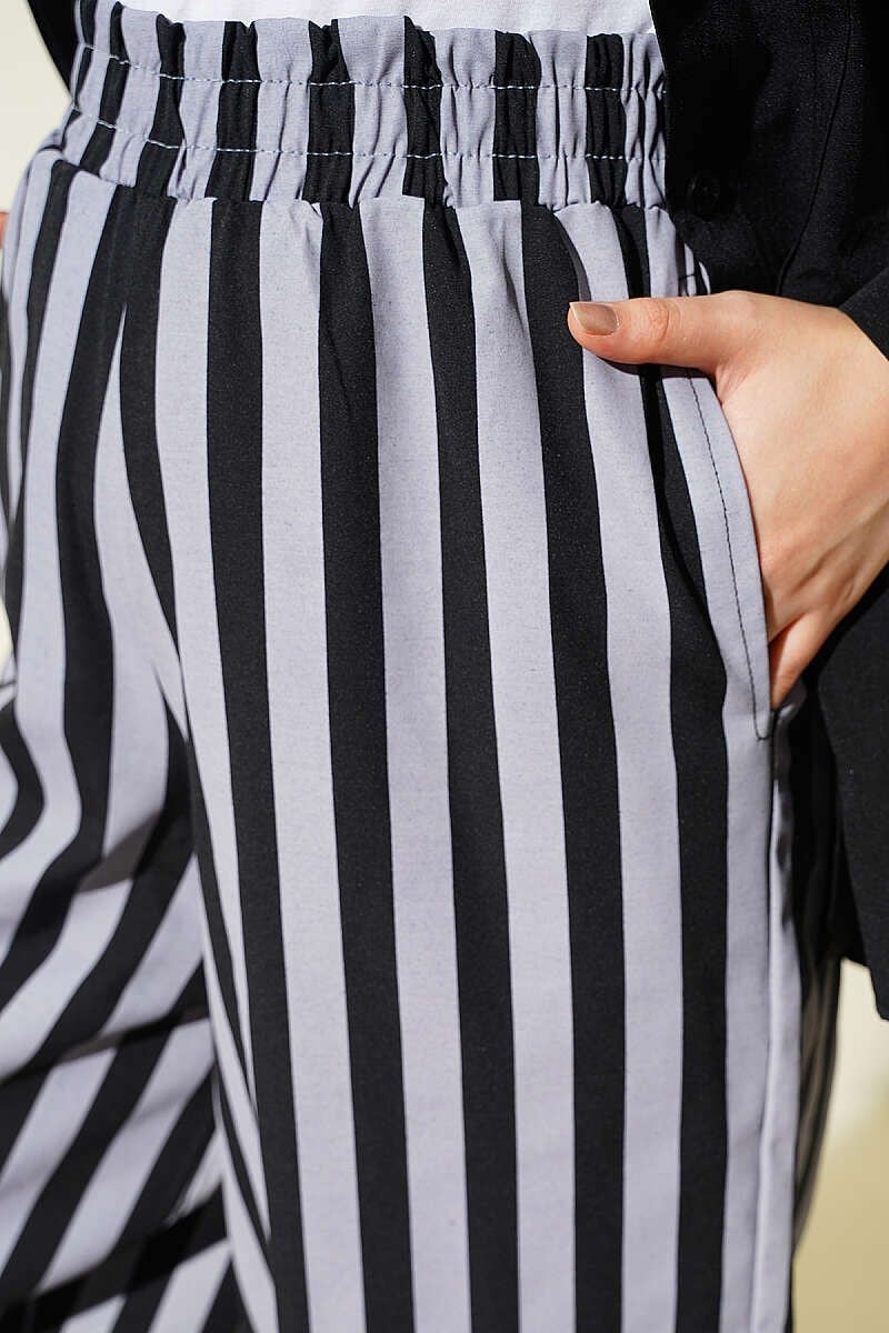 Bel Lastikli Çizgili Poplin Pantolon Gri
