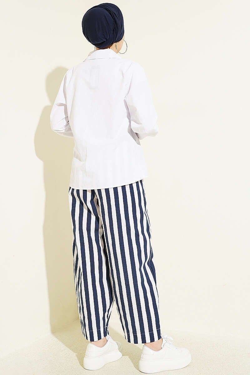 Bel Lastikli Çizgili Poplin Pantolon Lacivert