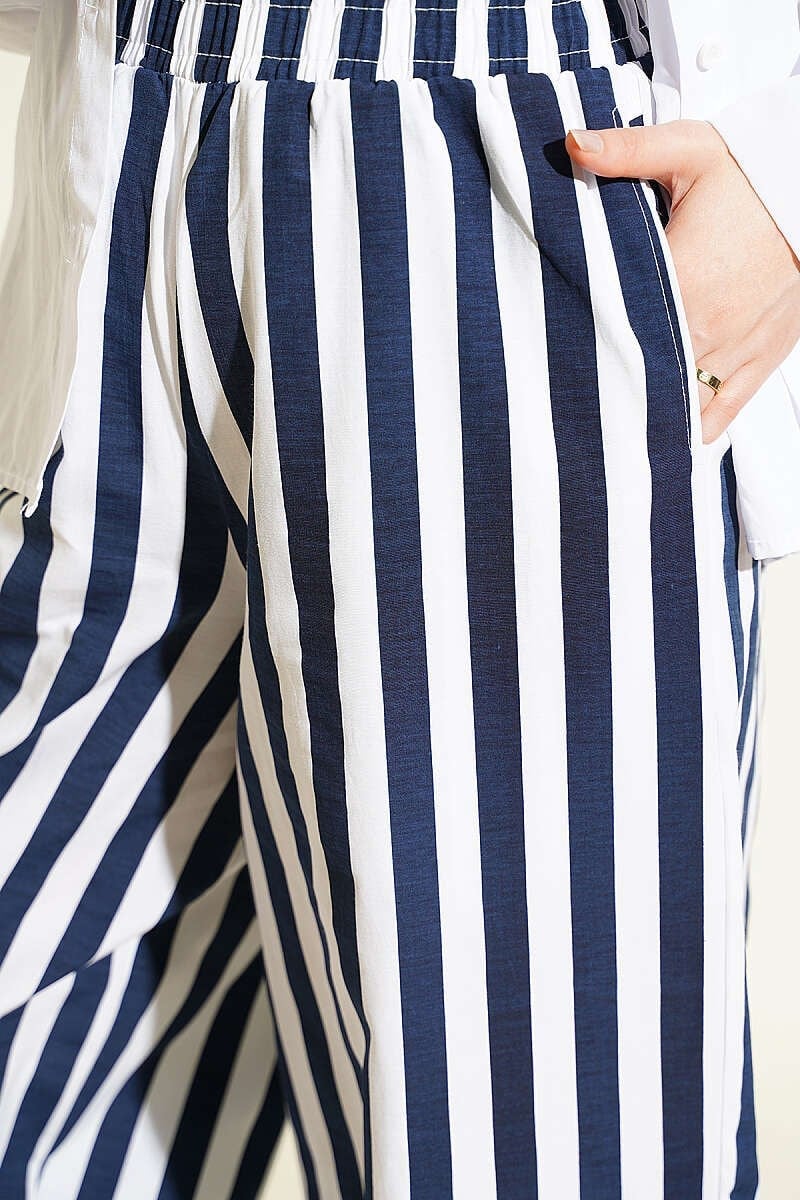 Bel Lastikli Çizgili Poplin Pantolon Lacivert