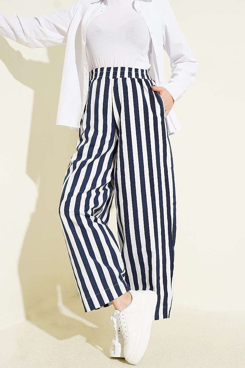 Bel Lastikli Çizgili Poplin Pantolon Lacivert