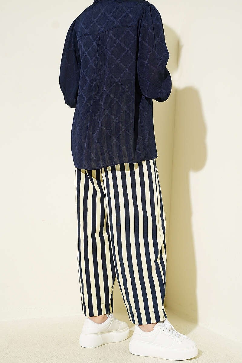 Bel Lastikli Çizgili Poplin Pantolon Sarı