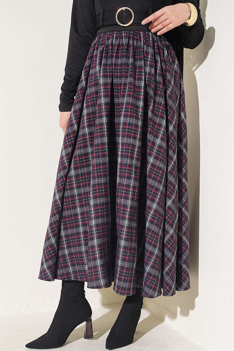 Bel Lastikli Ekoseli Kloş Etek Bordo