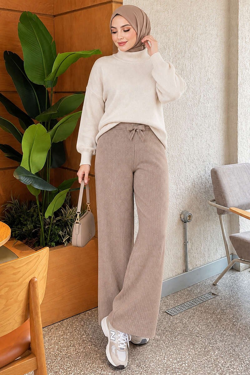 Bel Lastikli Fitilli Kaşkorse Pantolon Latte
