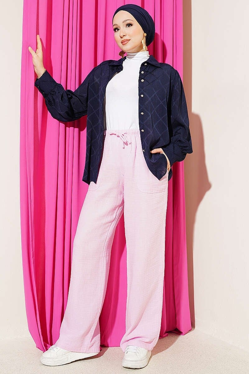 Bel Lastikli İpli Müslin Pantolon Pembe