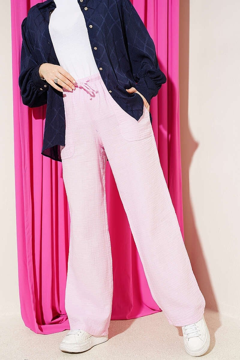 Bel Lastikli İpli Müslin Pantolon Pembe