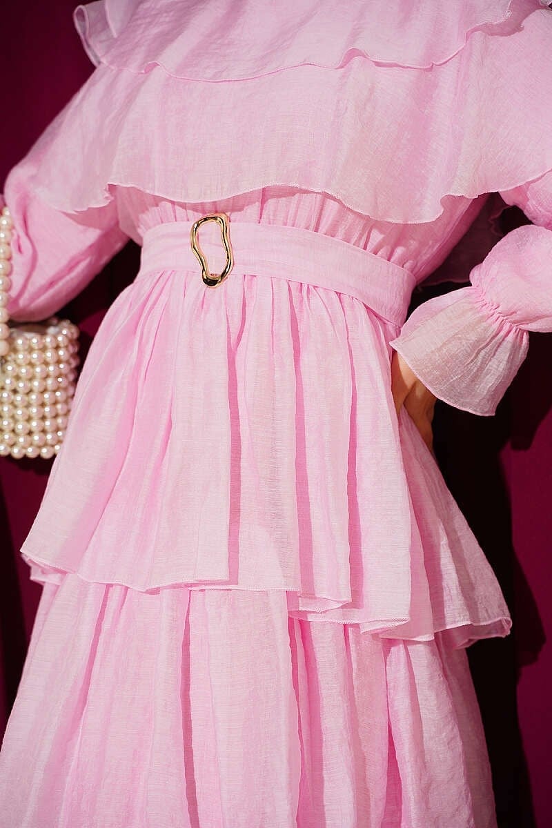 Bel Lastikli Kemerli Fırfırlı Elbise Pembe