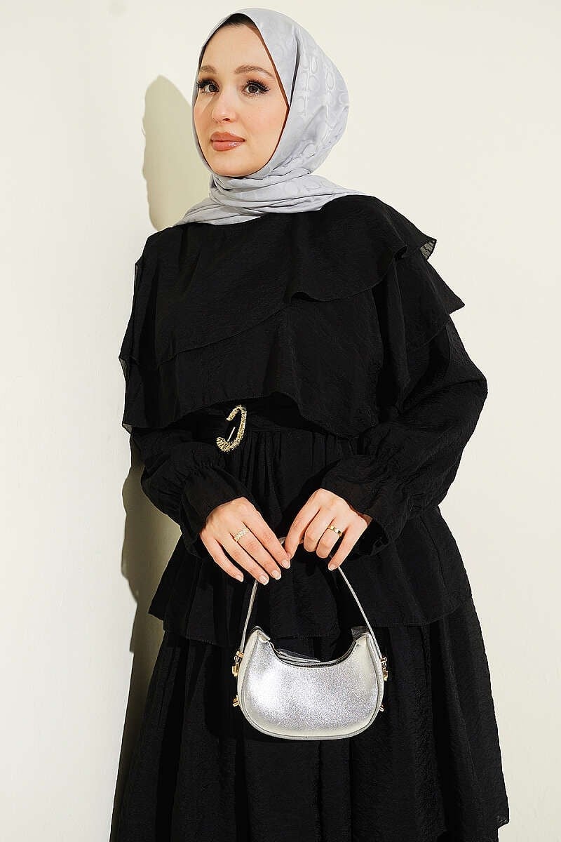 Bel Lastikli Kuşaklı Kat Kat Elbise Siyah