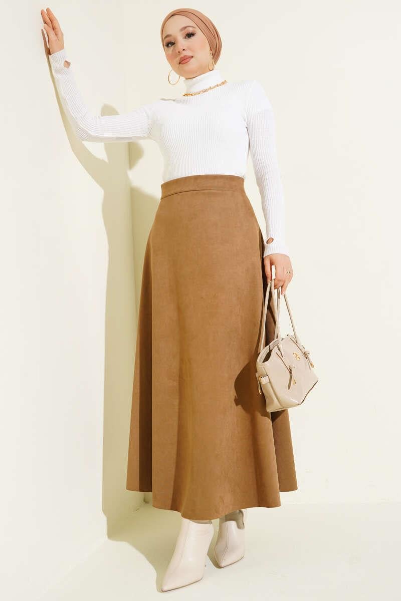 Bel Lastikli Süet Etek Camel