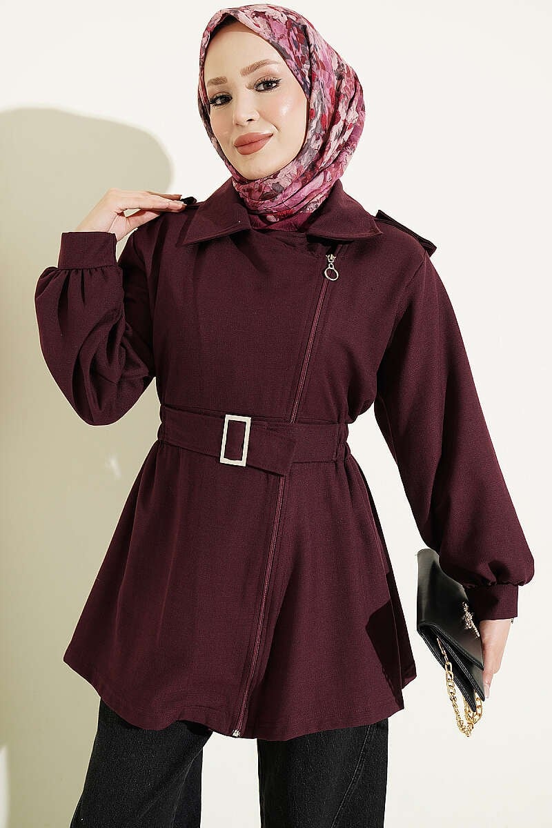 Bel Lastikli Yandan Fermuarlı Ceket Bordo