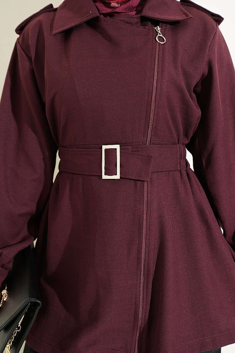 Bel Lastikli Yandan Fermuarlı Ceket Bordo