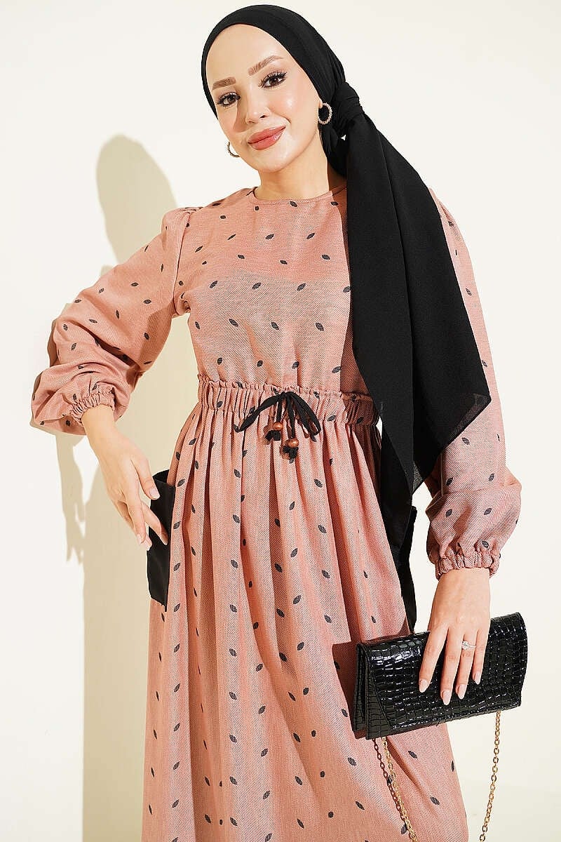 Bel Lastikli Yaprak Desenli Elbise Camel