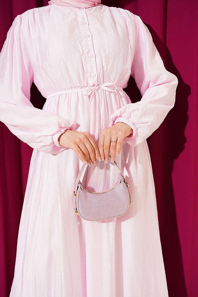 Bel Lastikli Yarım Düğmeli Elbise Pembe