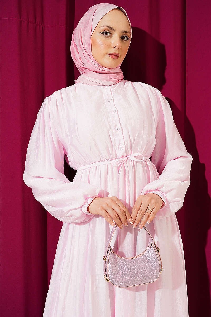 Bel Lastikli Yarım Düğmeli Elbise Pembe