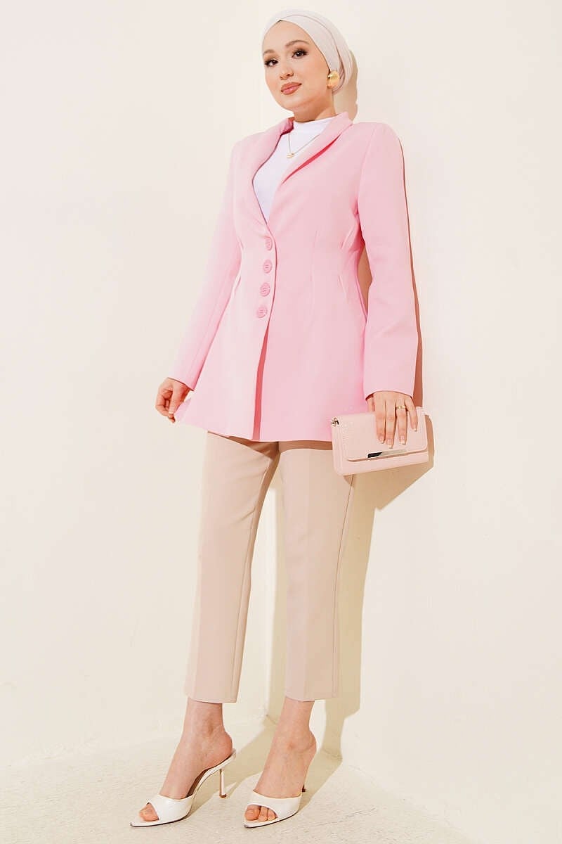Bel Pensli Düğmeli Blazer Ceket Pembe
