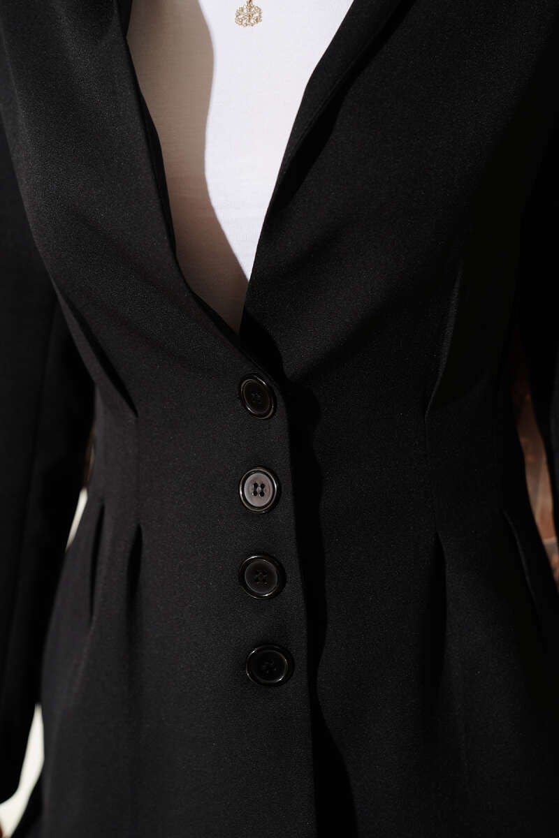 Bel Pensli Düğmeli Blazer Ceket Siyah