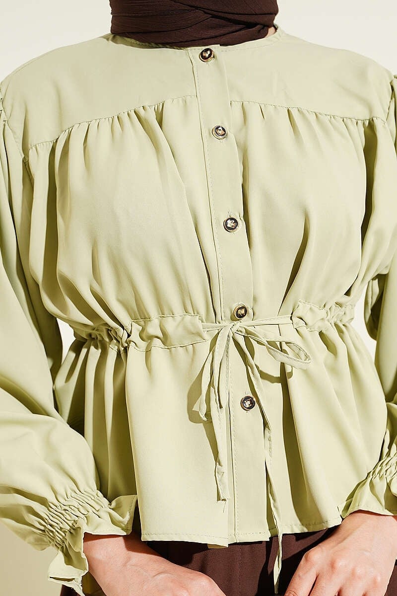 Bel Tünelli Bilek Lastikli Kısa Gömlek Çağla Yeşili