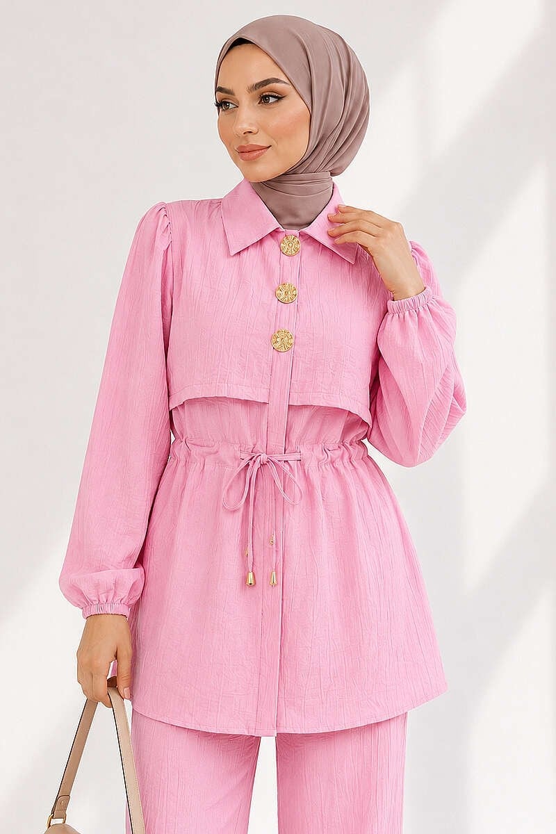 Bel Tünelli Düğmeli İkili Takım Pembe