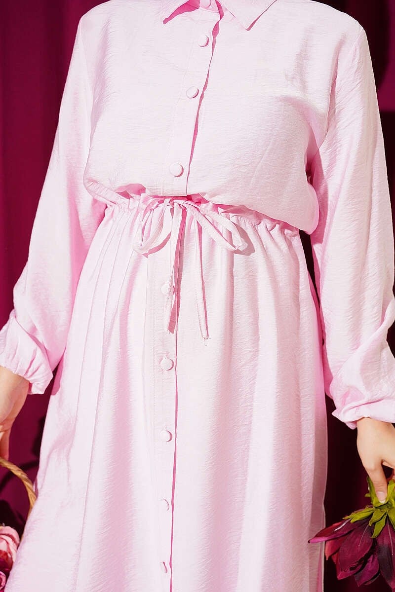 Bel Tünelli Gömlek Yaka Uzun Tunikli İkili Takım Pembe