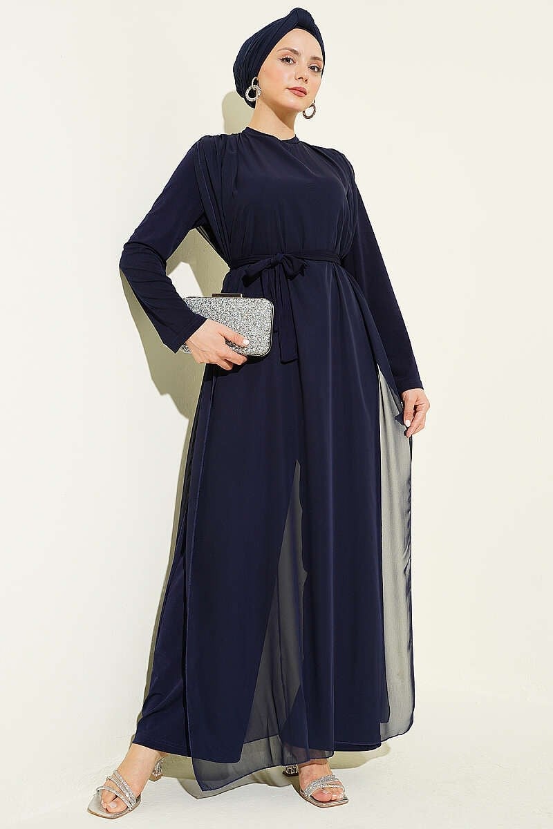 Belden Bağlamalı Şifon Tulum Lacivert