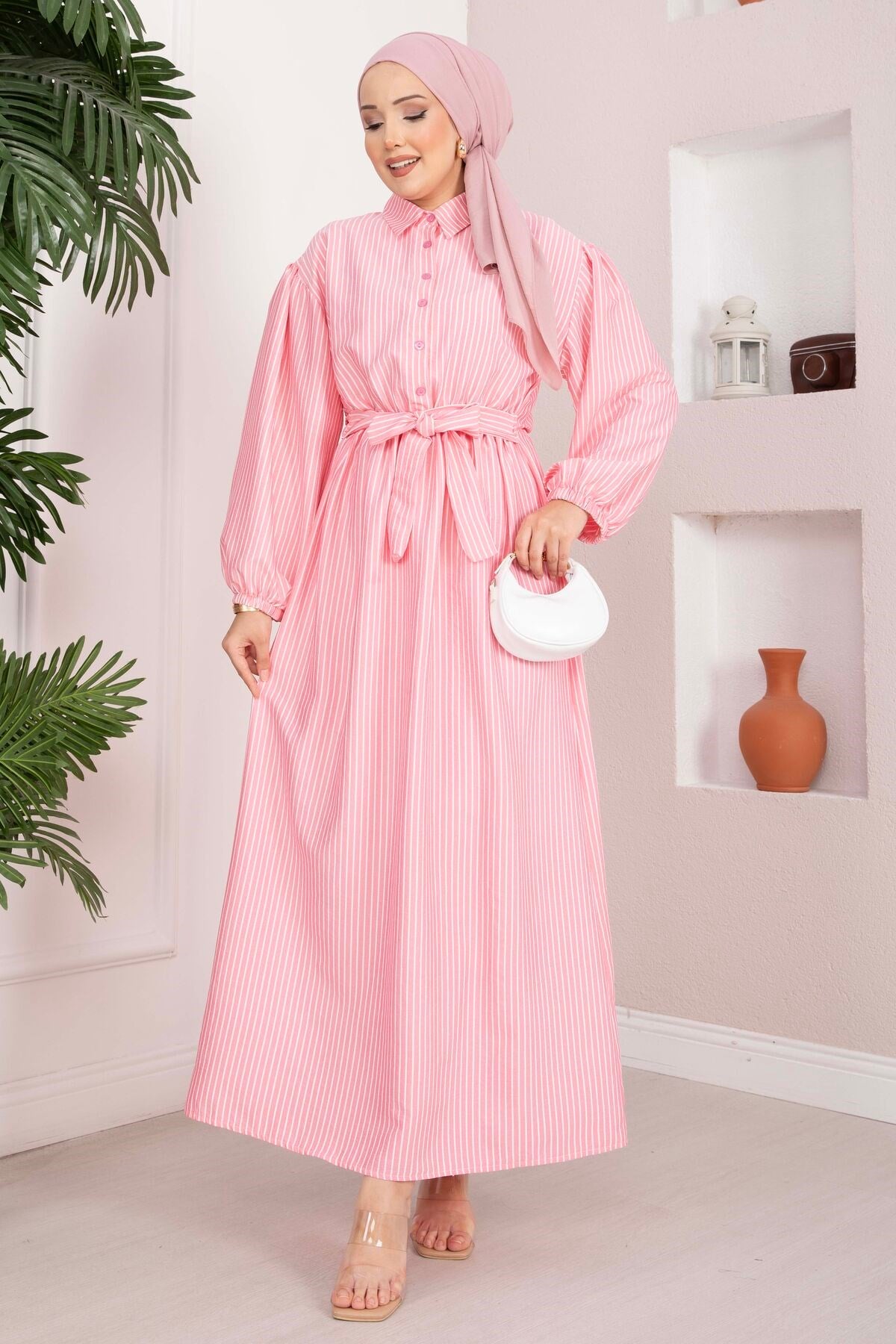 Beli Büzgülü Çizgili Tesettür Elbise Pembe